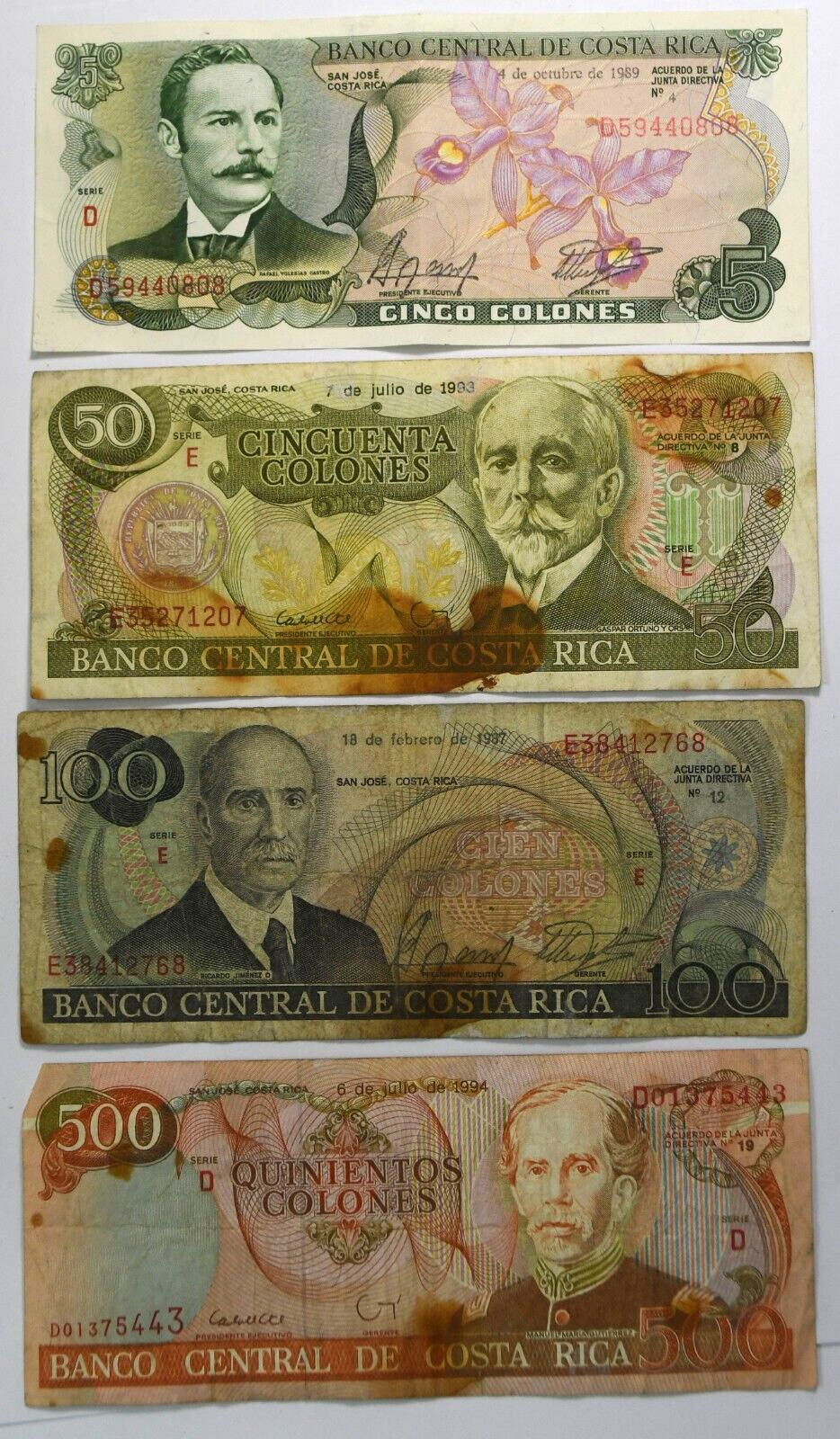 1987-94 5 50 100 & 500 Costa Rica Banknotes Circulated