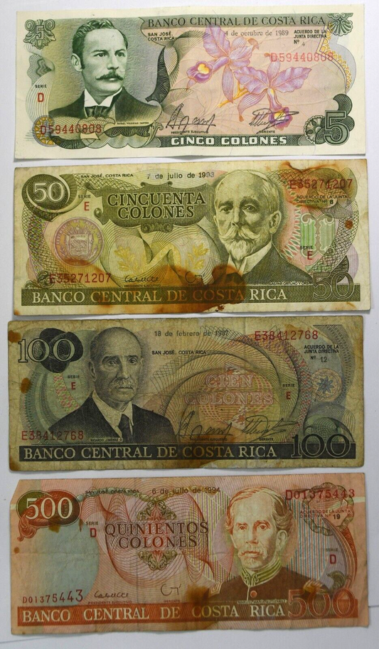 1987-94 5 50 100 & 500 Costa Rica Banknotes Circulated