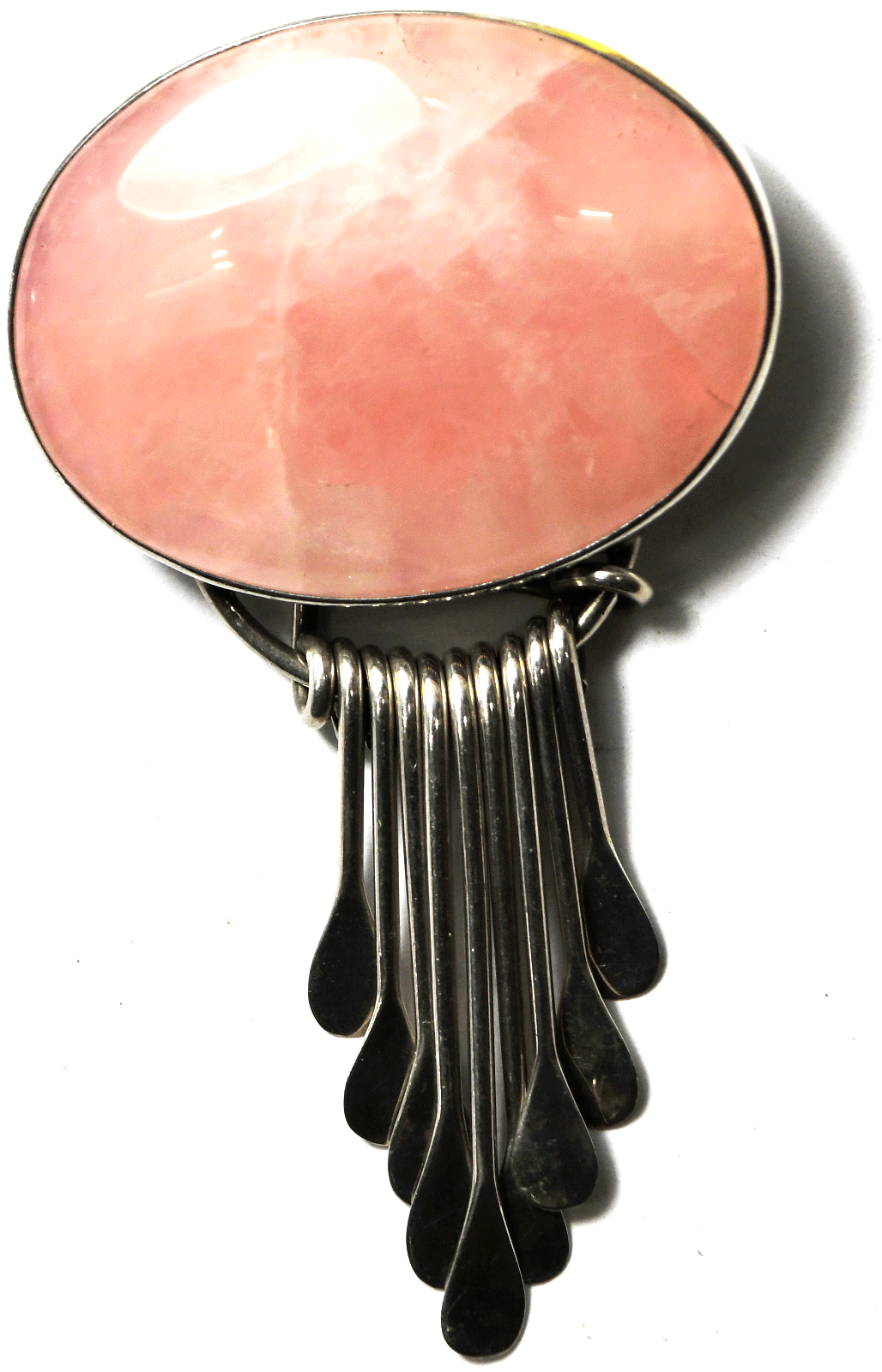 Sterling Silver CC Large Oval Rose Quartz Brooch Pin Paddle Dangle 2-3/4" x 41mm