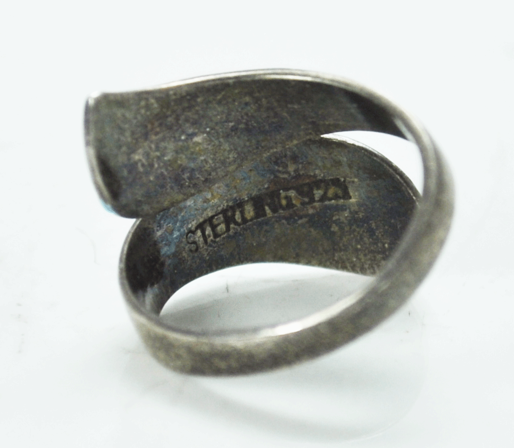 Sterling Silver Blue Enamel Bypass Ring Goddess Symbols Size 5 Adjustable 23mm