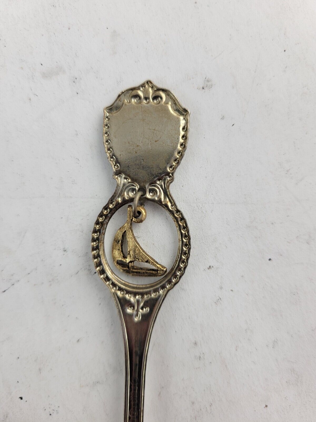 Vintage Souvenir Spoon New Jersey Enameled Gold Tone Sailboat Newark Trenton