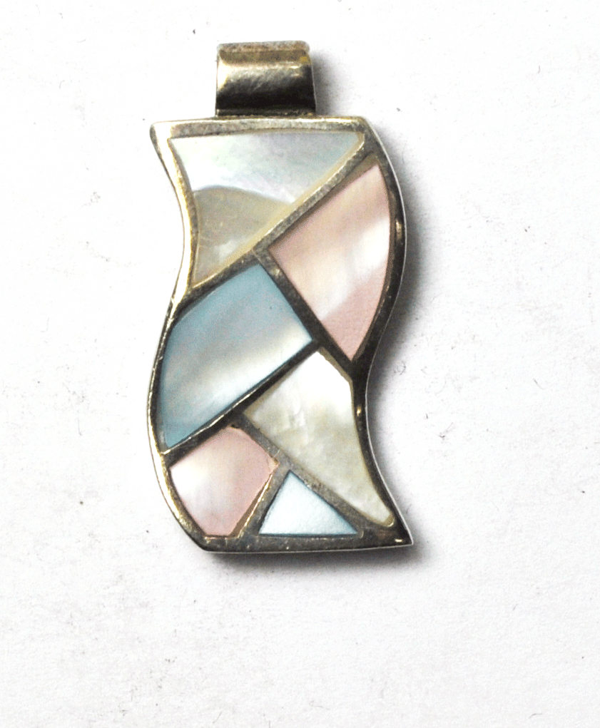 Sterling Silver MOP Inlay Wavy Mosaic Pink & Blue Pendant 1.25" 15mm