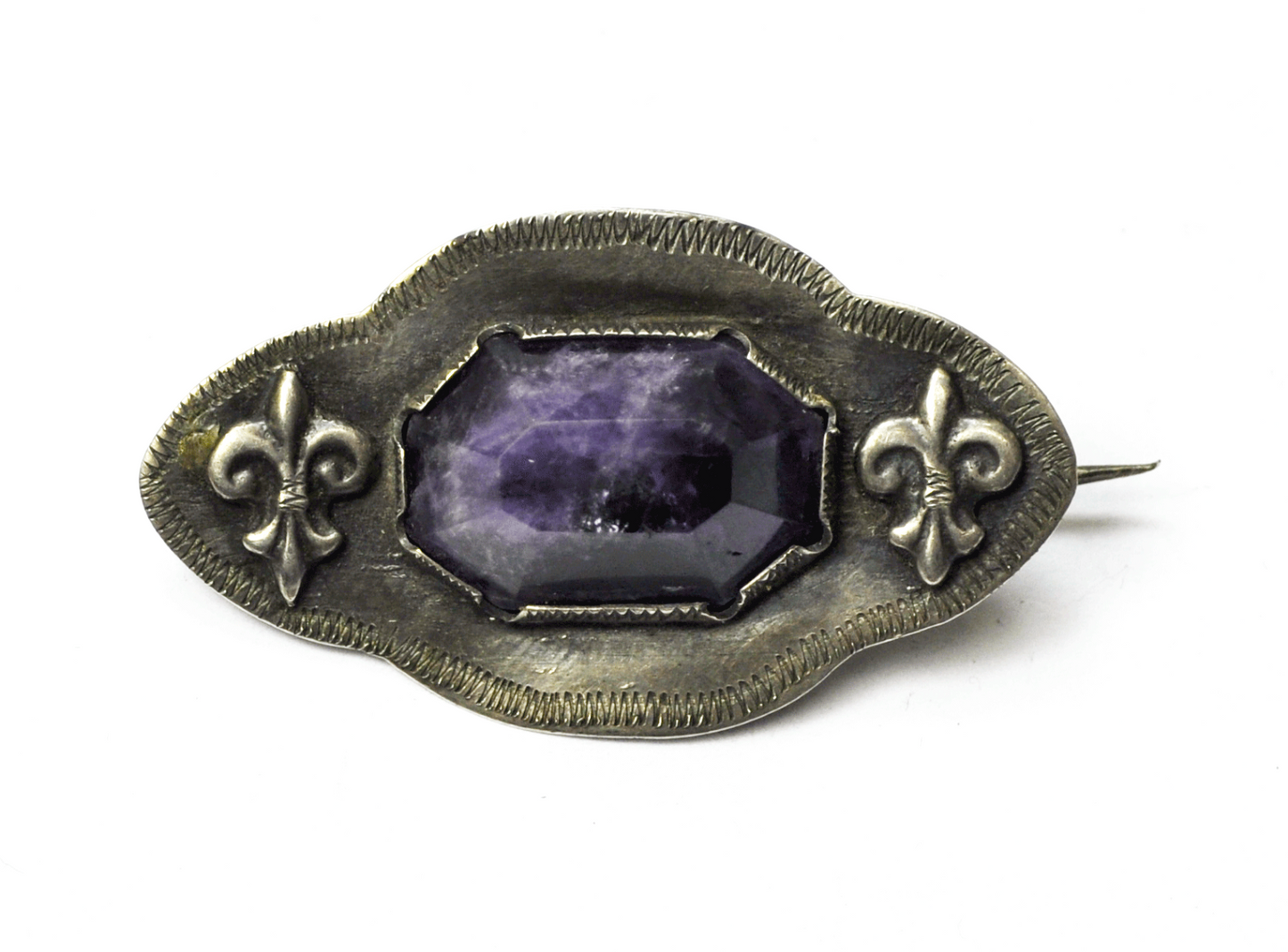 Antique Sterling Silver Mexico Purple Amethyst Fleur De Lis Brooch Pin 2" 29mm