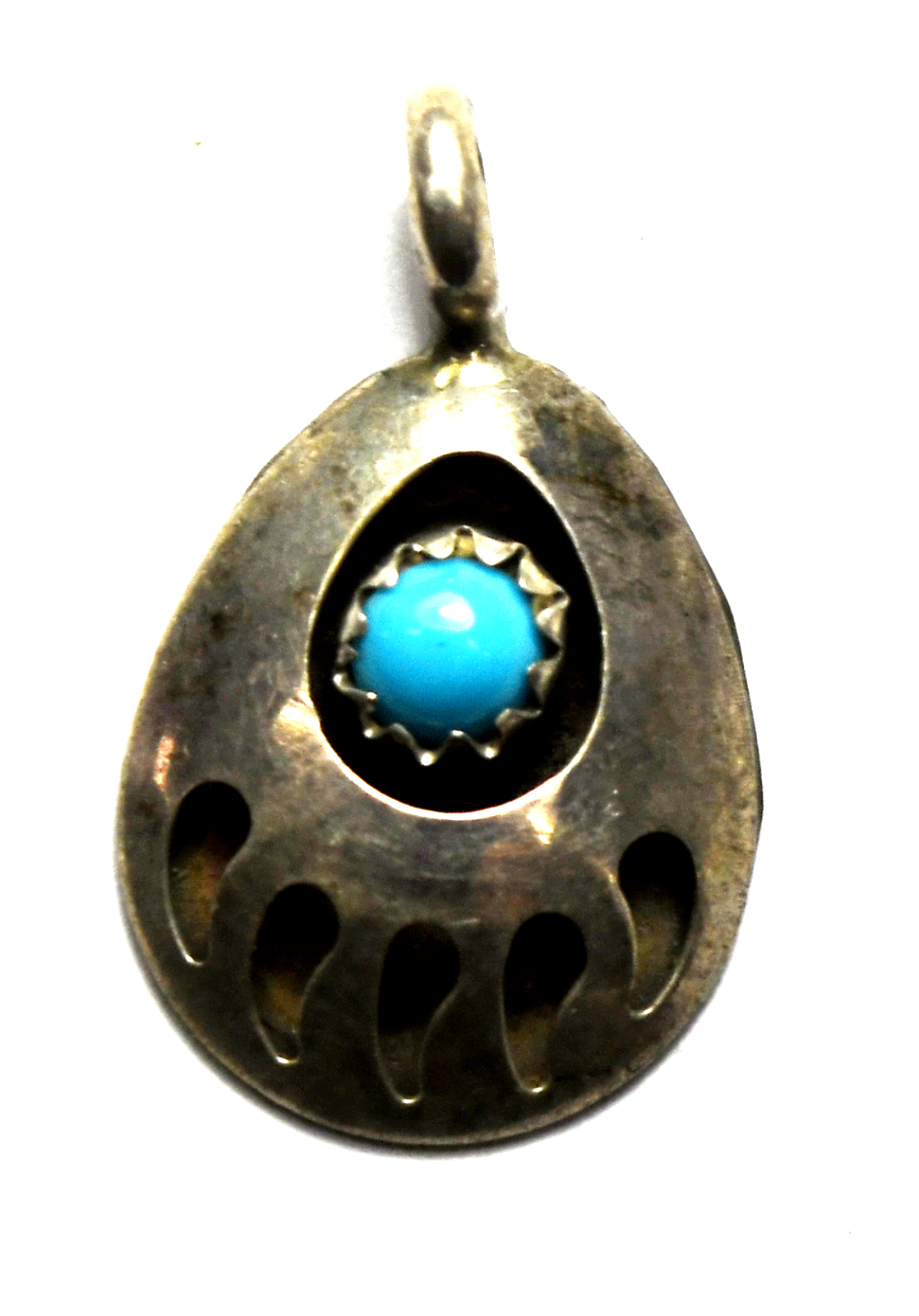 Antique Sterling Turquoise Bear Claw Shadow Box Teardrop Pendant 22mm x 13mm
