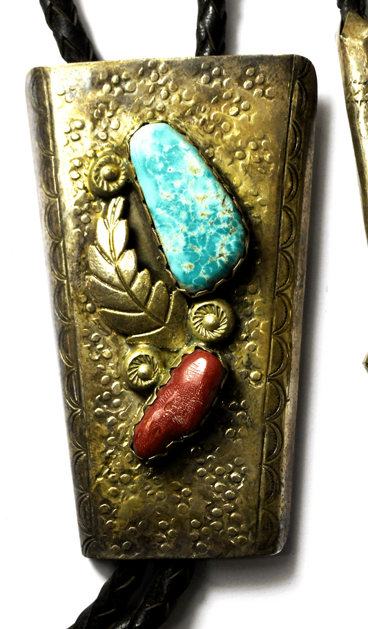 Sterling Turquoise Coral Dot Floral 3" Bolo Tie 19" Double Black Leather Cord