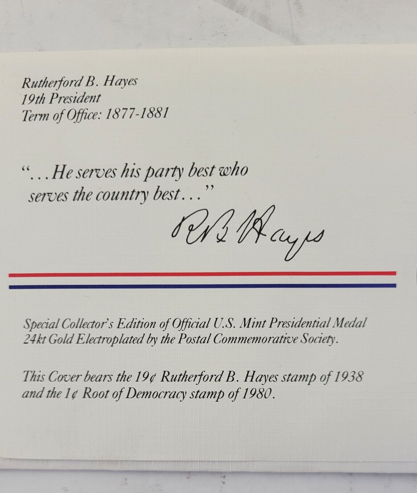 R. B. Hayes Presidential Covers Medal Postal Commemorative Society Gold Plated