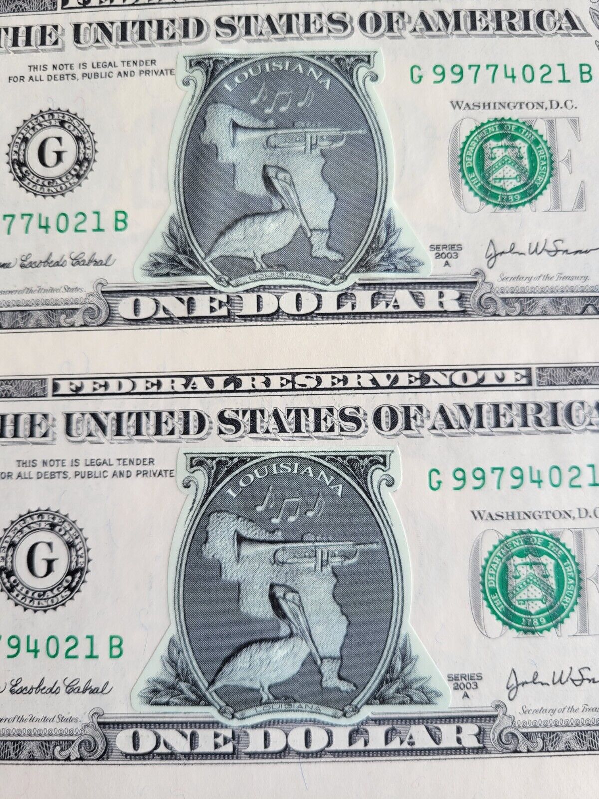 2003 United States Commemorative Gallery Uncut, Uncirculated $1 Bills Louisiana