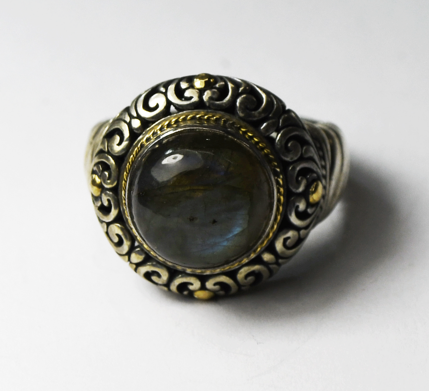 Robert Manse Sterling & 18k Domed Labradorite Scroll Ring 19mm Size 10-1/4
