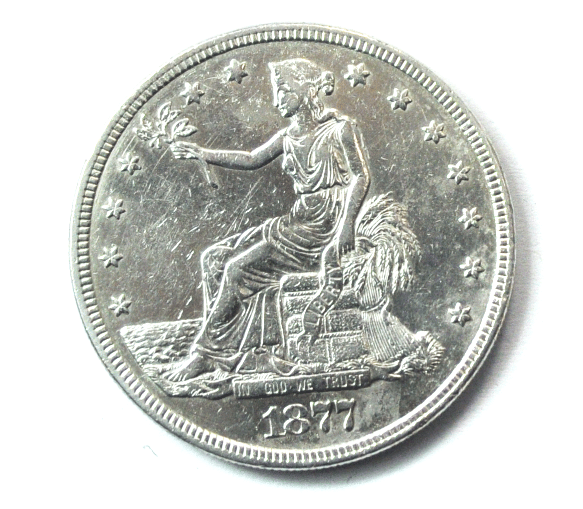 1877 $1 US Trade Silver Dollar Philadelphia Rare AU