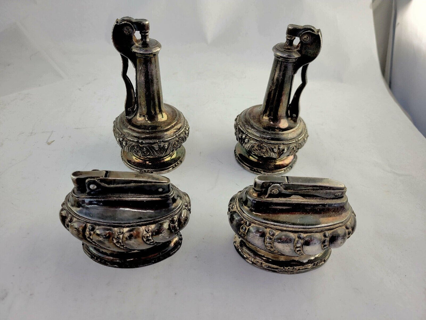 2 Pairs of Collectible Silver Plated Ronson Crown & Decanter Table Lighters