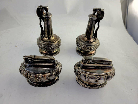 2 Pairs of Collectible Silver Plated Ronson Crown & Decanter Table Lighters