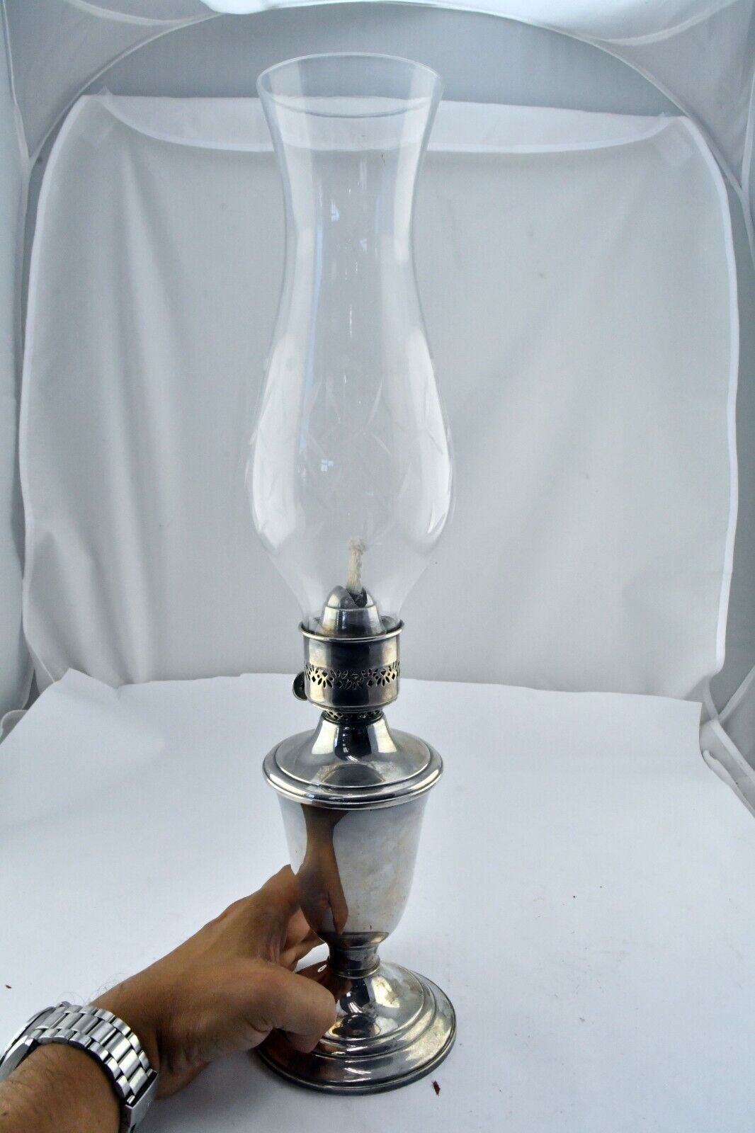 17" Vintage Gorham Silver Plate Kerosene Lamp with Glass Hurricane #YC490