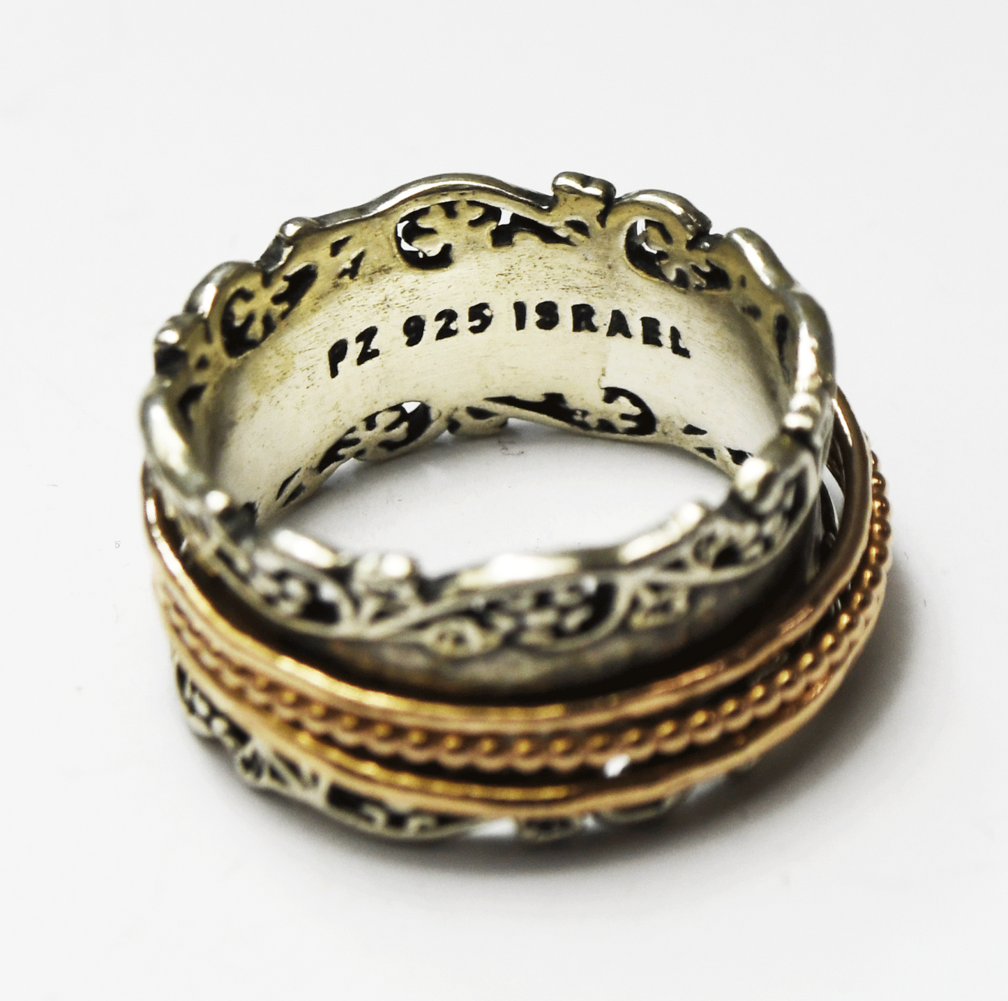 Sterling Silver Or Paz Two Tone Spinner Vine Edge Ring 12mm Size 11