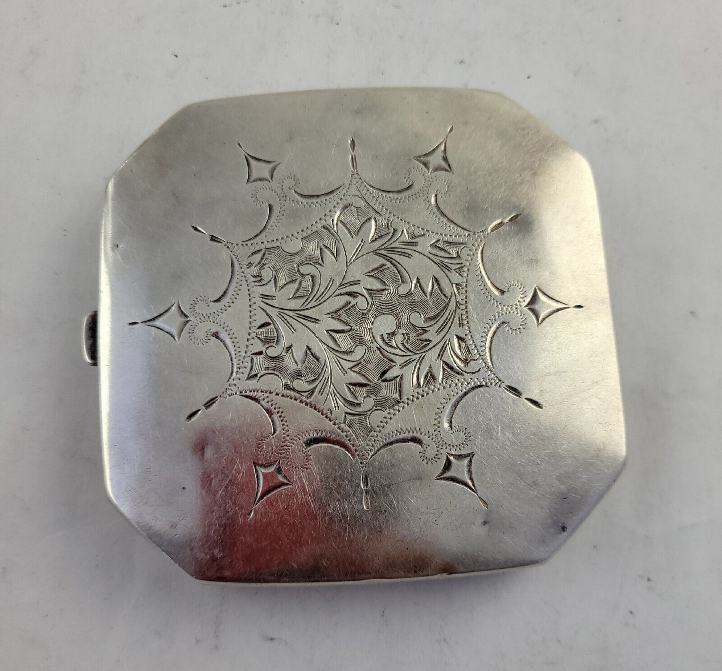 950 Sterling Silver 2 7/8" Octagon Mirror Make-Up Compact Hand Chased