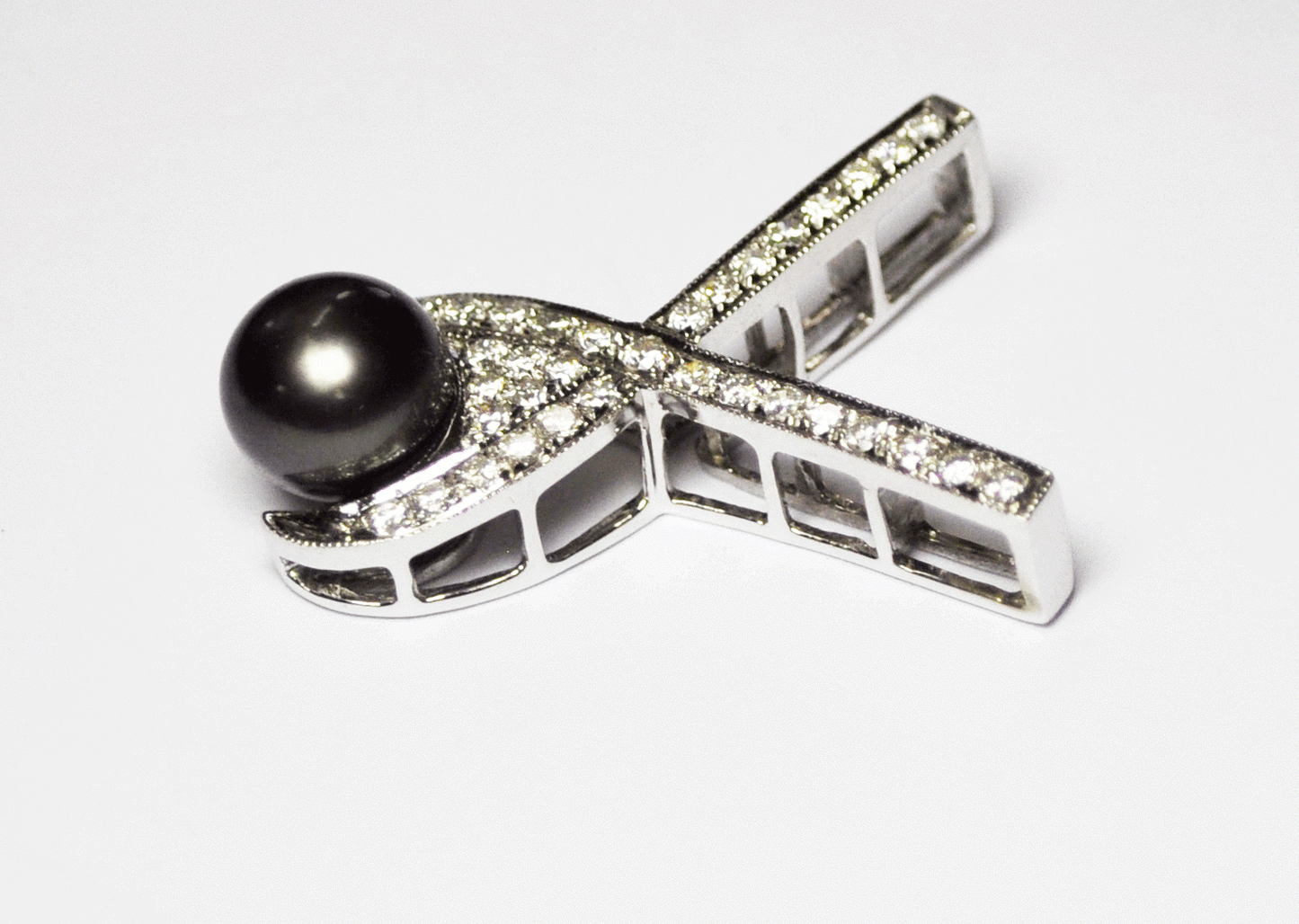 14k White Gold SBT Diamond 10mm Black Tahitian Pearl X Slide Pendant Enhancer