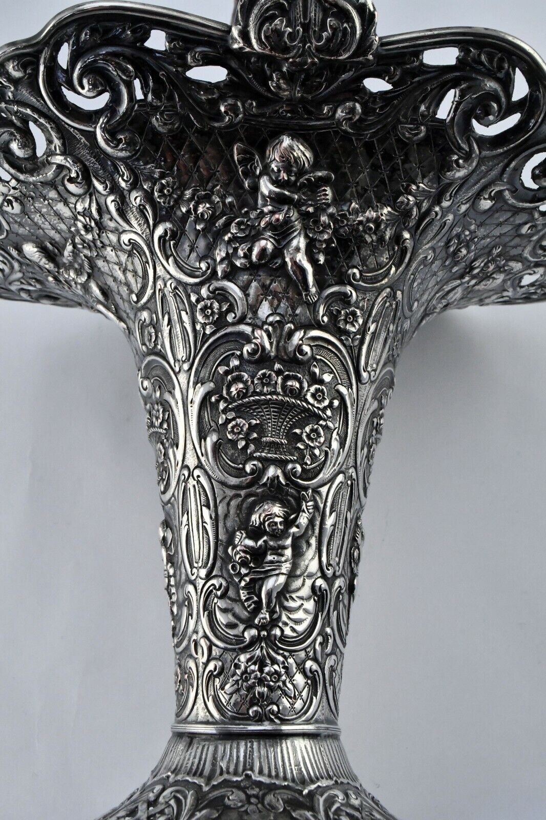 E.G Webster & Son Baroque Flute Style Cherub Ornate Repousse Vase 13 1/2"