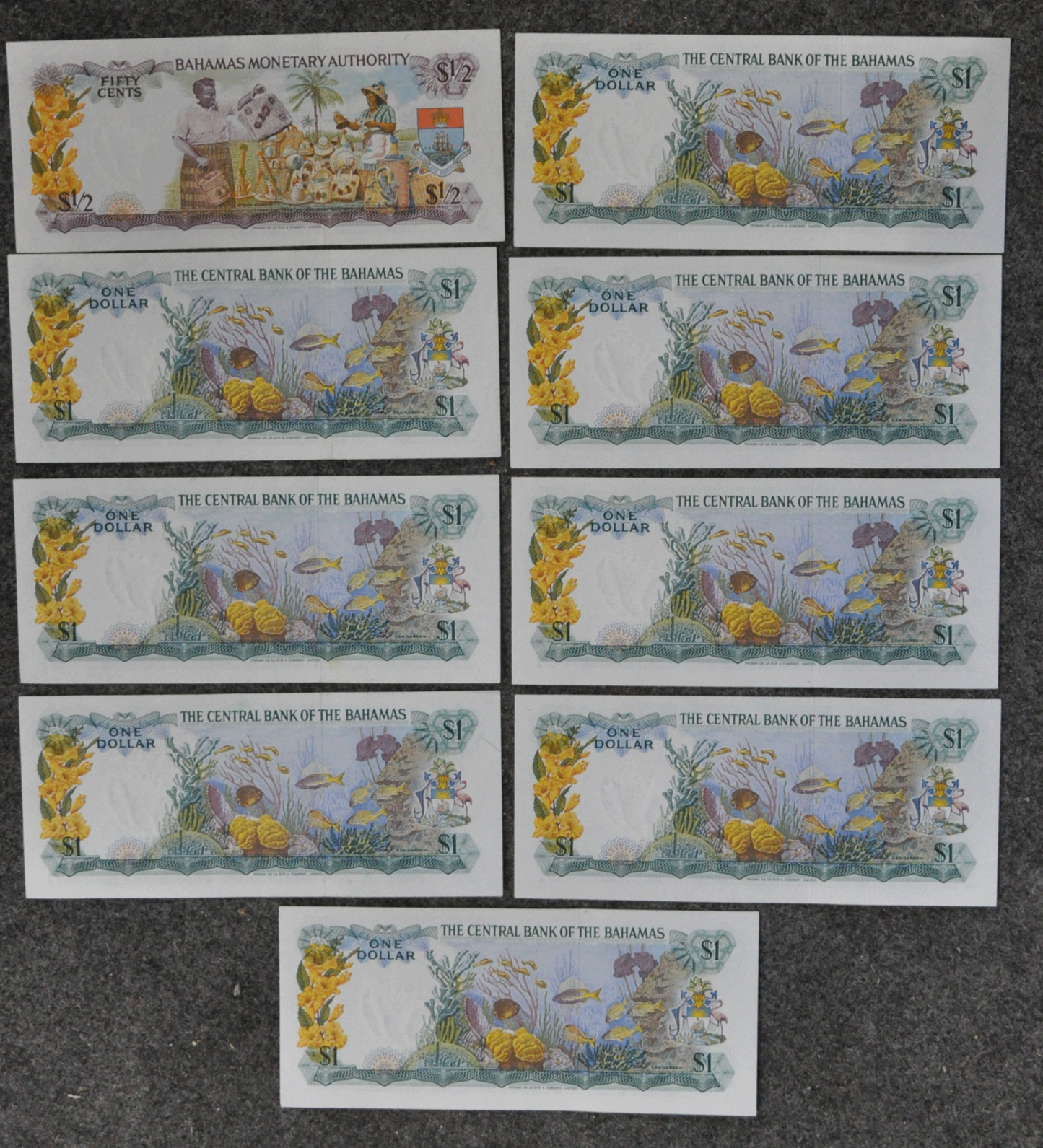 9 Bahama's Central Bank Uncirculated $1/2 & $1 Notes Currency 6 Sequential