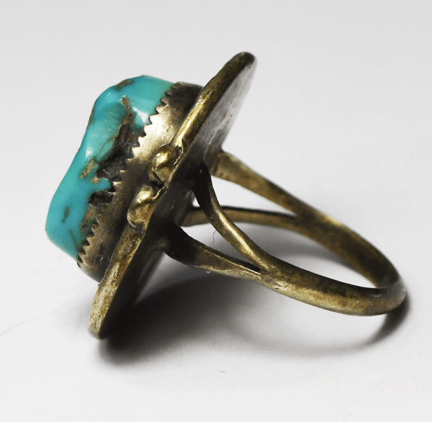 Antique Sterling Silver Turquoise Chunk Signed PB Ring 26mm Size 7-3/4