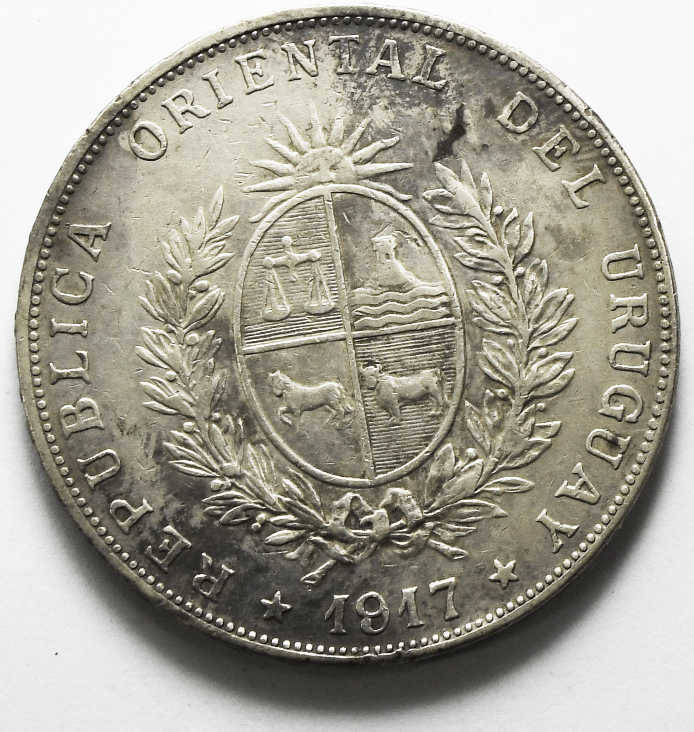 1917 Uruguay One Peso Silver Coin KM# 23