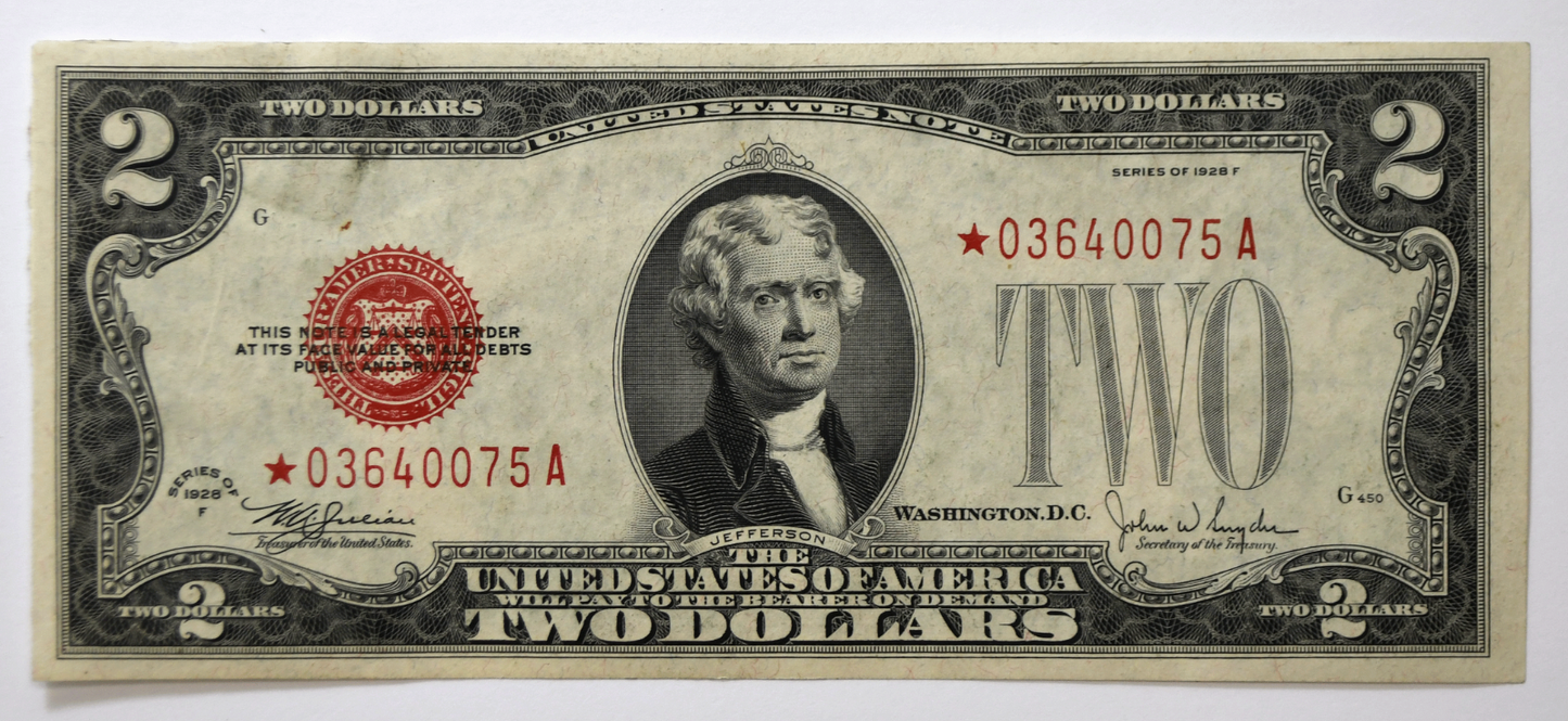 1928 F $2 United States Legal Tender Note Red Seal *03640075A STAR  AU