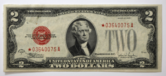 1928 F $2 United States Legal Tender Note Red Seal *03640075A STAR  AU