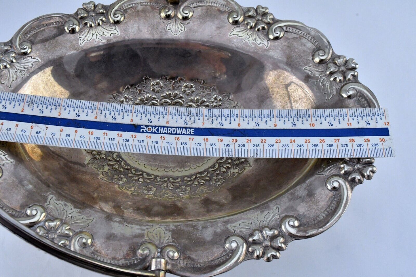 EJF #6227 Silver Plate 12" Wide Ornate Floral Centerpiece Bowl w/Handle 10" Tall