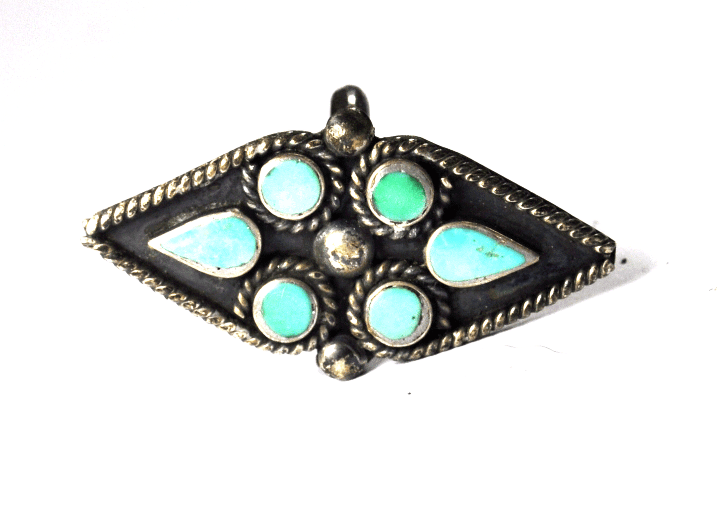 Antique Sterling Silver Turquoise Dot Cluster Triangular Ring 32mm Size 2