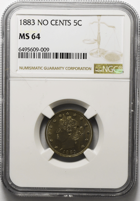 1883 No Cents 5c V Liberty Nickel Five Cents US NGC MS64 Uncirculated NC