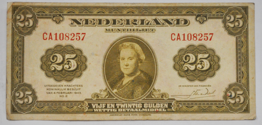 1943 Netherlands 25 Gulden Twenty Five Olive Green Note Currency
