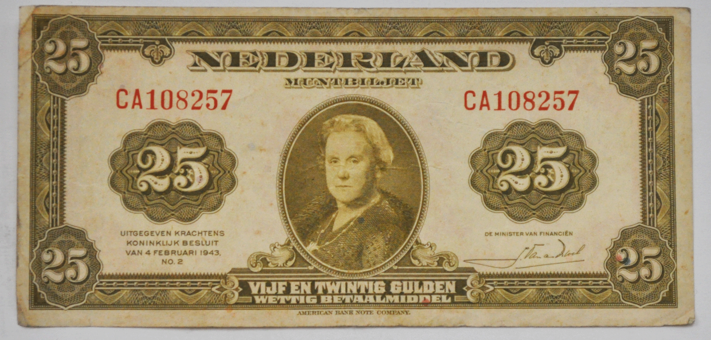 1943 Netherlands 25 Gulden Twenty Five Olive Green Note Currency