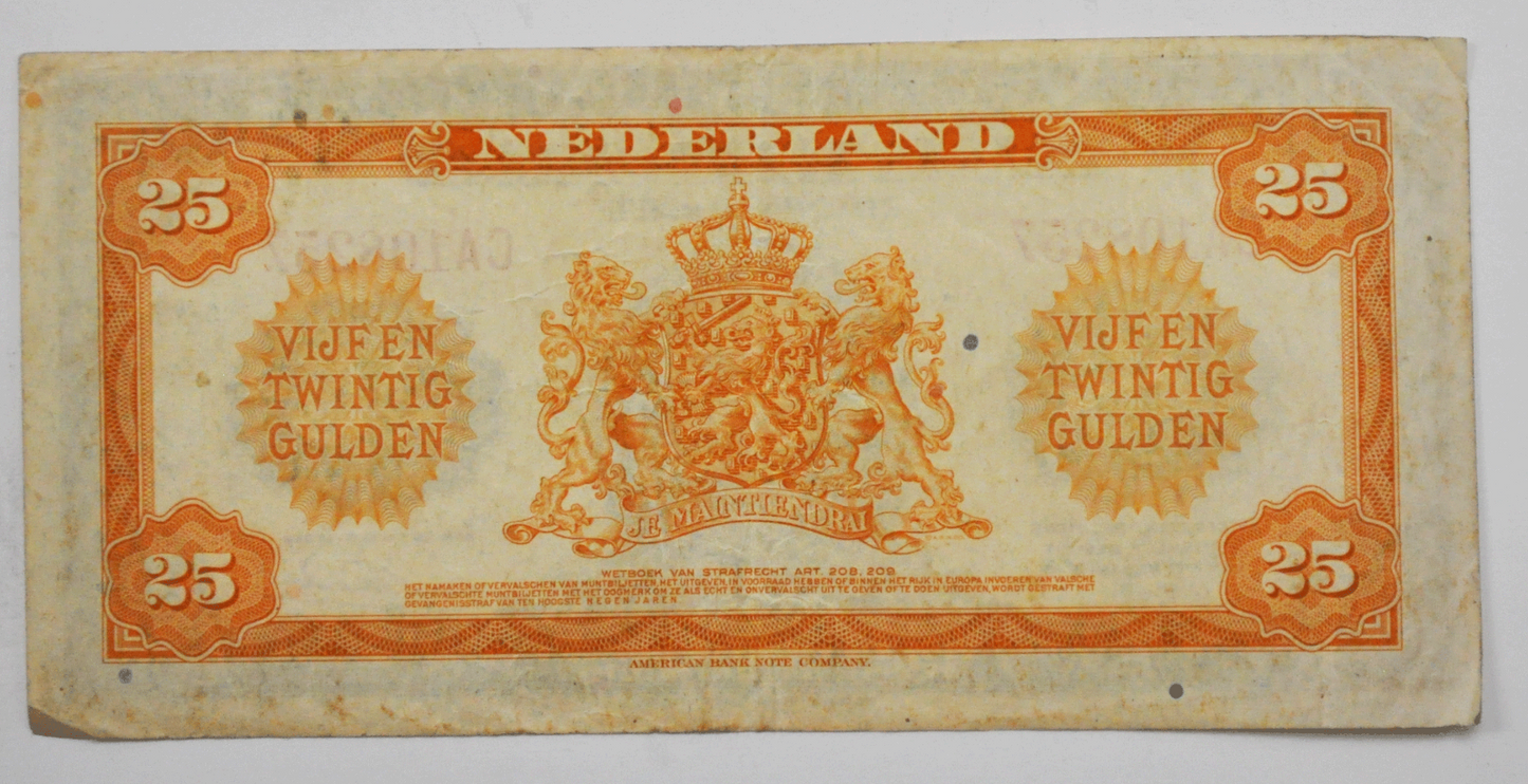 1943 Netherlands 25 Gulden Twenty Five Olive Green Note Currency